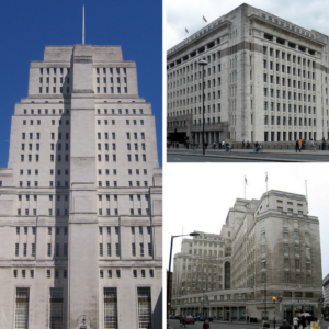 The first skyscrapers in London. Left: The Senate Building in Bloomsbury. Top right: Adelaide House in the City of London. Bottom right: 55 Broadway in Westminster