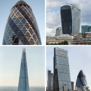 Contemporary high-rise buildings dominate the London Skyline. Top left: The Gherkin. Top right: The Walkie-Talkie. Bottom right: The Cheesegrater. Bottom left: The Shard