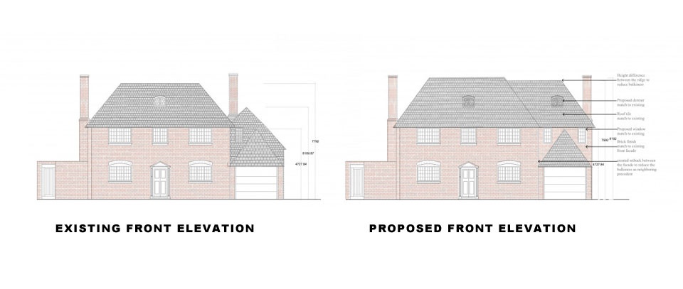 Surrey-Esher-Single-Storey-Extension-Existing-and-Proposed-Front-Elevation