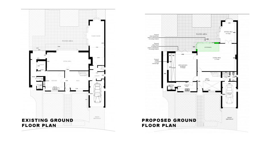 Surrey-Esher-Single-Storey-Extension-Existing-and-Proposed-Ground-Floor-Plan