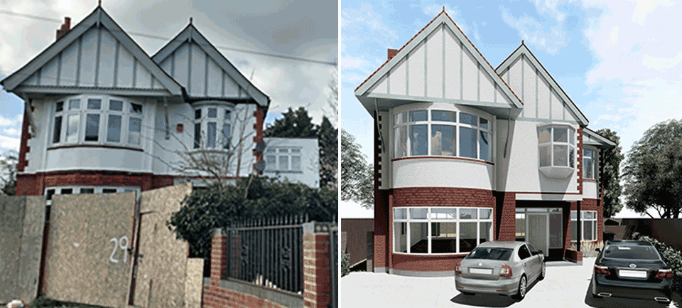 existing photo and front view render for conversion to 2 units