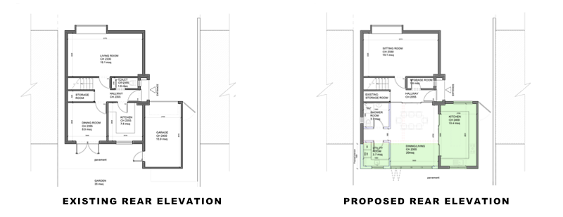 plans of house in article on extension and landscaping