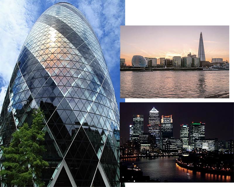 composition of the Shard, the Gherkin and Canary Wharf Tower for guide to London Skyscrapers