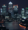 night photo of Canary Wharf for guide to London Skyscrapers