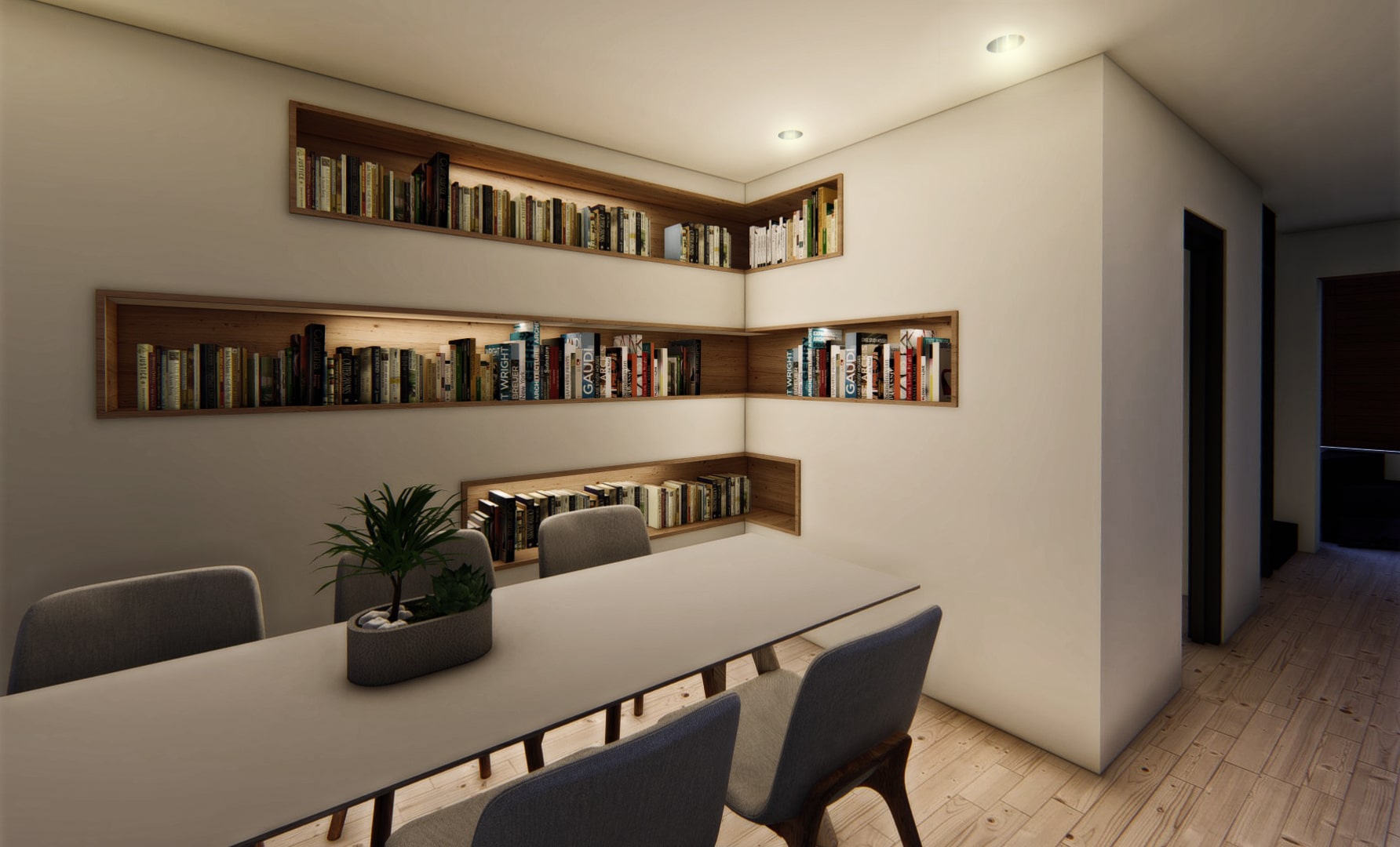 dining room with book shelves